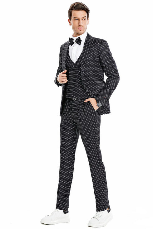 Men's One Button Vested Mini Polka Dot Prom Suit In Black & White