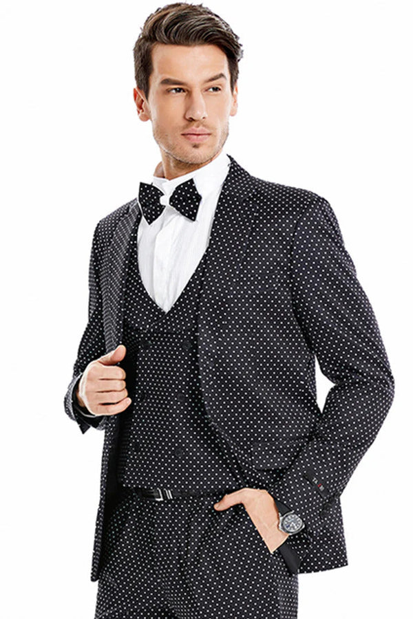 Men's One Button Vested Mini Polka Dot Prom Suit In Black & White