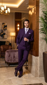 Men’s Purple 2 Button Fashion Suit with Double Breasted Vest, Formal Wedding Prom Dress Suit