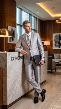 Men’s Silver Shiny Sharkskin Suit – 2 Button Peak Lapel Formal Suit with Flat Front Pants for Wedding, Prom & Party