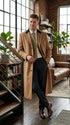 Men’s Beige Camel Chesterfield Overcoat, Wool and Cashmere Full Length Coat with Velvet Collar