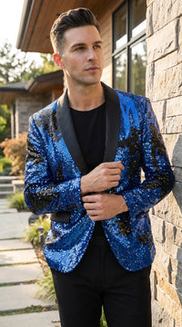 Men’s Royal Blue and Black Reversible Sequin Blazer, 1 Button Shiny Formal Party Jacket