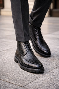 Los Altos Black All-Over Crocodile Belly Lace Up Ankle Boots