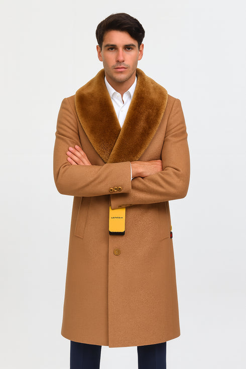 Mens Full Length And Cashmere Overcoat - Winter Topcoats - Light Brown Coat - Dark Camel - Vecuna Color