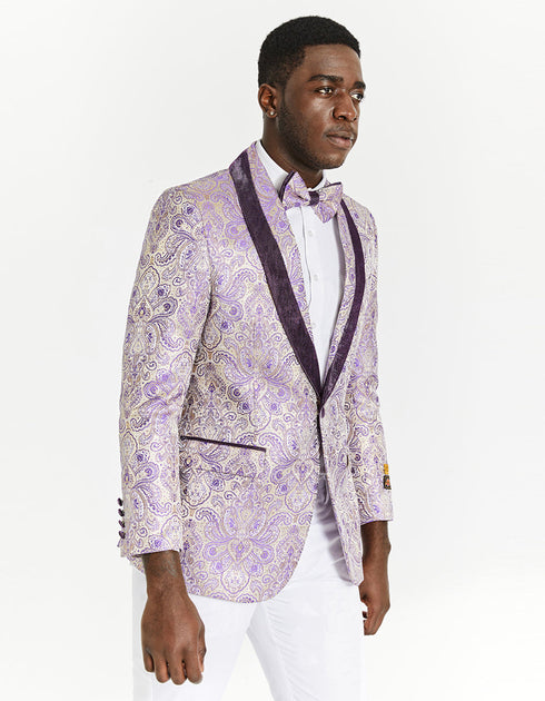 Mens Ivory and Light Purple Lavender Floral Paisley Prom and Wedding Tuxedo Blazer