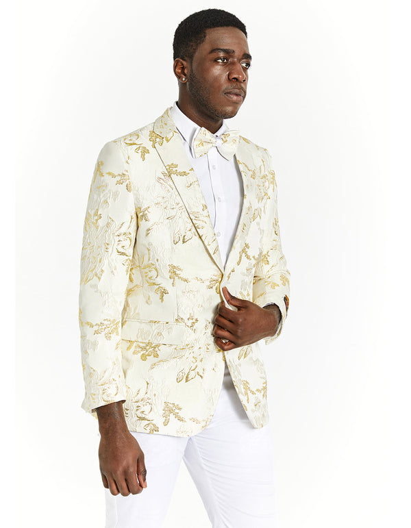 Mens Skinny Fit Ivory & Gold Floral Prom Tuxedo Blazer