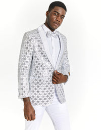 Mens Slim Fit Shiny Silver Sequin Prom Tuxedo Blazer With Rhinestones sequin