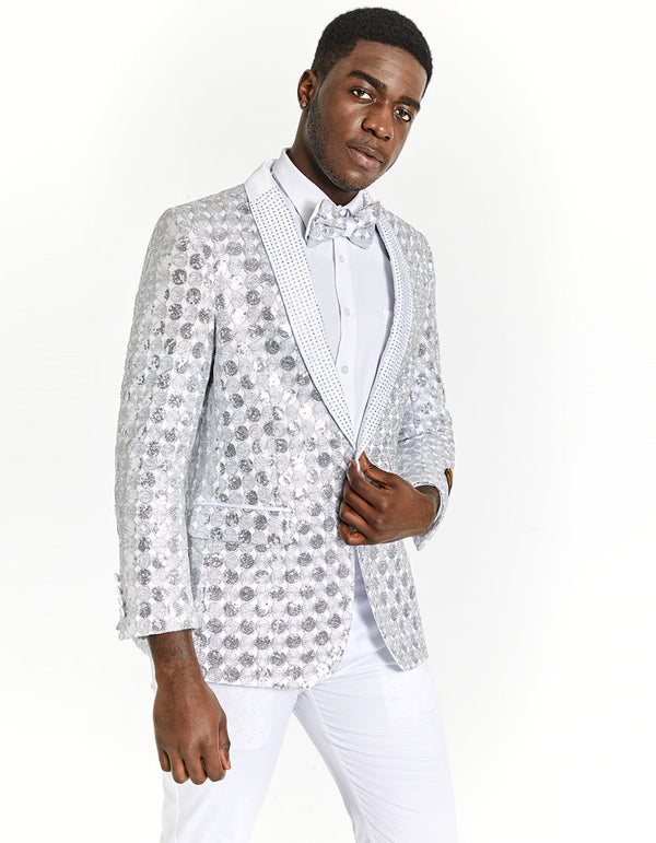 Mens Slim Fit Shiny Silver Sequin Prom Tuxedo Blazer With Rhinestones Silver Prom Tuxedos