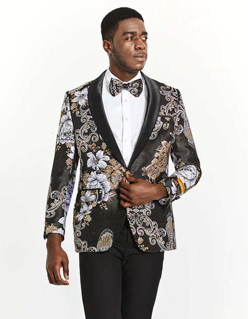 Mens Slim Fit Prom Tuxedo Blazer in Black and Silver Floral Design