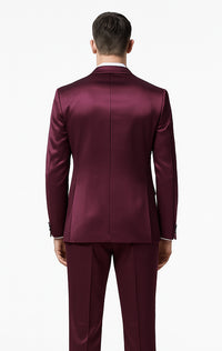 Tazzio Men's Purple Satin Double Breasted 3 Piece Skinny Fit Suit with Peak Lapel Vest and Matching Bowtie – Luxury Formalwear Ensemble
