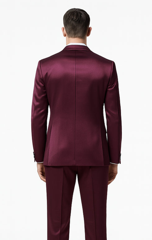 Tazzio Men's Purple Satin Double Breasted 3 Piece Skinny Fit Suit with Peak Lapel Vest and Matching Bowtie – Luxury Formalwear Ensemble