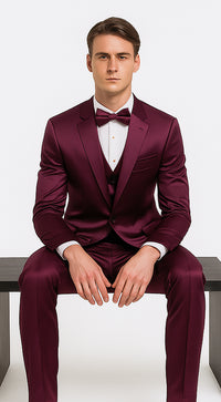 Tazzio Men's Purple Satin Double Breasted 3 Piece Skinny Fit Suit with Peak Lapel Vest and Matching Bowtie – Luxury Formalwear Ensemble