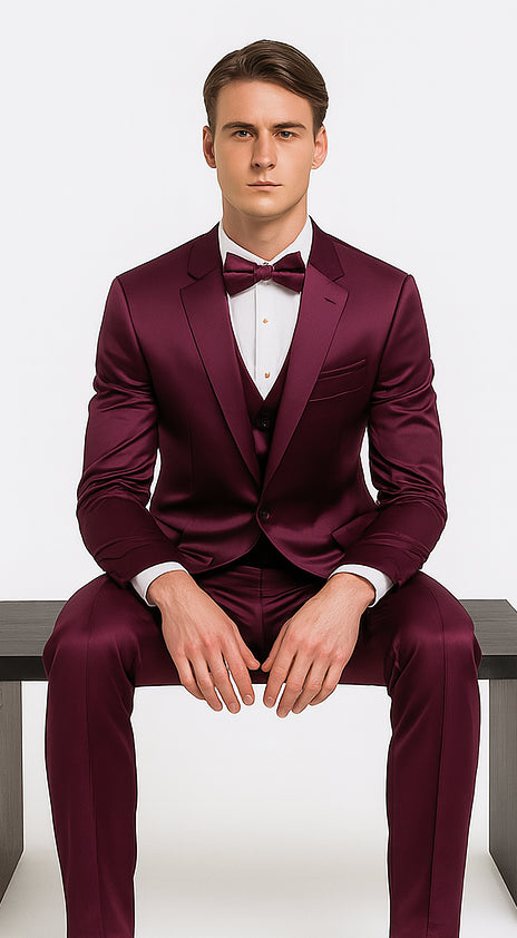 Tazzio Men's Purple Satin Double Breasted 3 Piece Skinny Fit Suit with Peak Lapel Vest and Matching Bowtie – Luxury Formalwear Ensemble