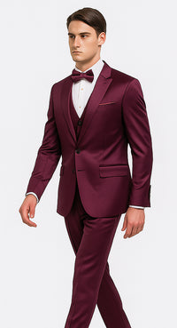 Tazzio Men's Purple Satin Double Breasted 3 Piece Skinny Fit Suit with Peak Lapel Vest and Matching Bowtie – Luxury Formalwear Ensemble