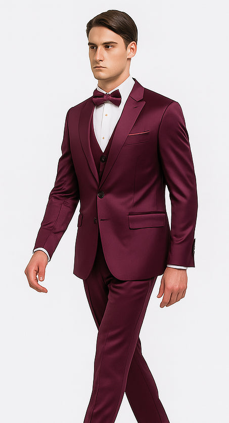 Tazzio Men's Purple Satin Double Breasted 3 Piece Skinny Fit Suit with Peak Lapel Vest and Matching Bowtie – Luxury Formalwear Ensemble