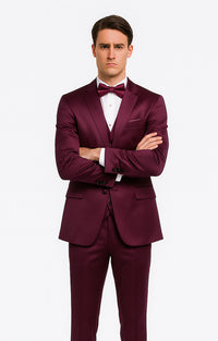 Tazzio Men's Purple Satin Double Breasted 3 Piece Skinny Fit Suit with Peak Lapel Vest and Matching Bowtie – Luxury Formalwear Ensemble