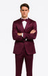 Tazzio Men's Purple Satin Double Breasted 3 Piece Skinny Fit Suit with Peak Lapel Vest and Matching Bowtie – Luxury Formalwear Ensemble