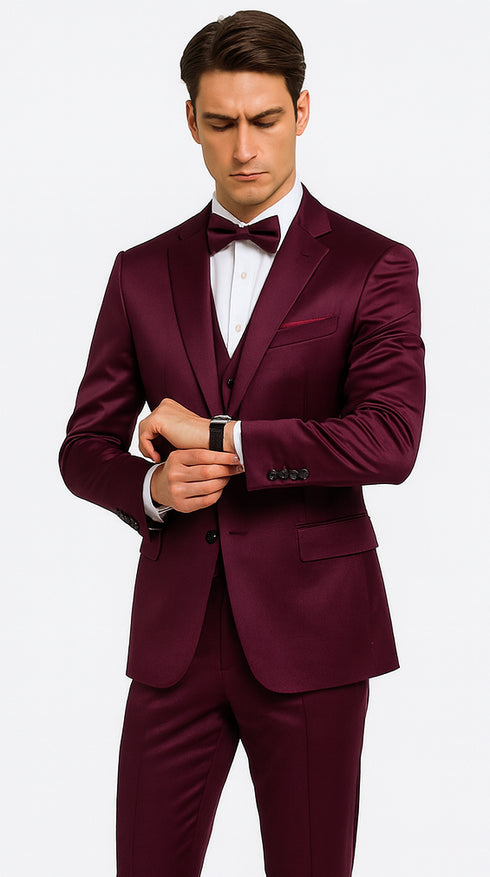Tazzio Men's Purple Satin Double Breasted 3 Piece Skinny Fit Suit with Peak Lapel Vest and Matching Bowtie – Luxury Formalwear Ensemble