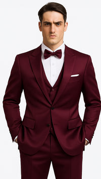Tazzio Men's Purple Satin Double Breasted 3 Piece Skinny Fit Suit with Peak Lapel Vest and Matching Bowtie – Luxury Formalwear Ensemble