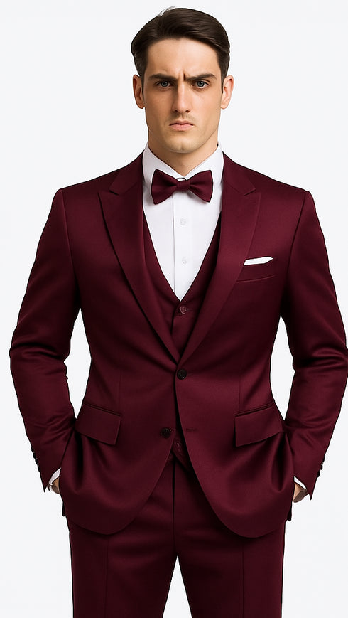 Tazzio Men's Purple Satin Double Breasted 3 Piece Skinny Fit Suit with Peak Lapel Vest and Matching Bowtie – Luxury Formalwear Ensemble