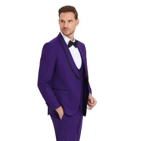 New Tazio Birdseye Textured Black Purple Tuxedo | Shawl Collar Satin Trim 3-Piece