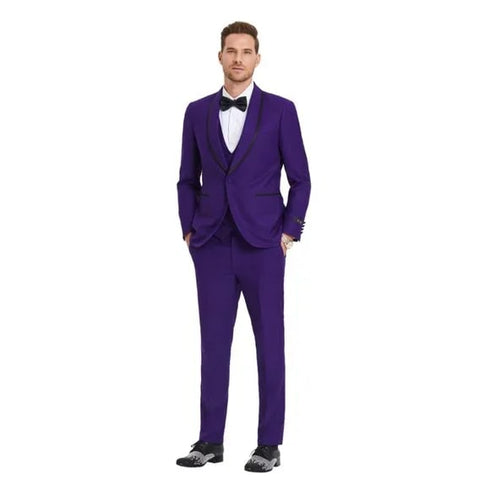 New Tazio Birdseye Textured Black Purple Tuxedo | Shawl Collar Satin Trim 3-Piece