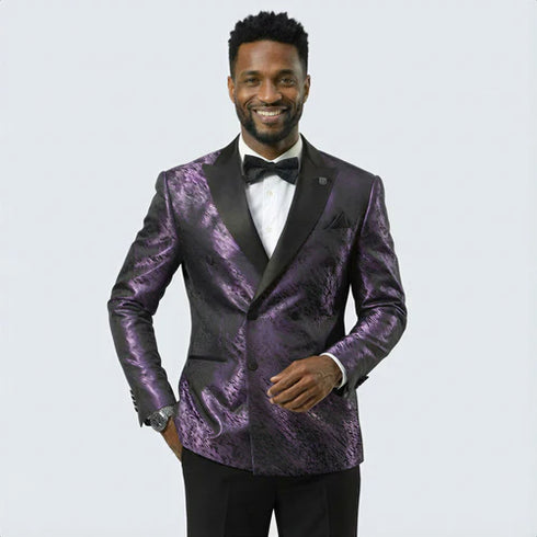 Men’s Purple Jacquard Double-Breasted Formal Tuxedo Jacket with Satin Lapel