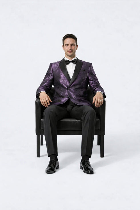 Men’s Purple Jacquard Double-Breasted Formal Tuxedo Jacket with Satin Lapel