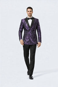 Men’s Purple Jacquard Double-Breasted Formal Tuxedo Jacket with Satin Lapel