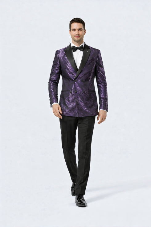 Men’s Purple Jacquard Double-Breasted Formal Tuxedo Jacket with Satin Lapel