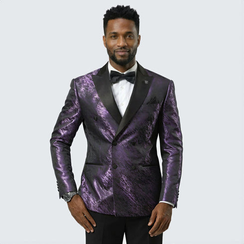 Men’s Purple Jacquard Double-Breasted Formal Tuxedo Jacket with Satin Lapel