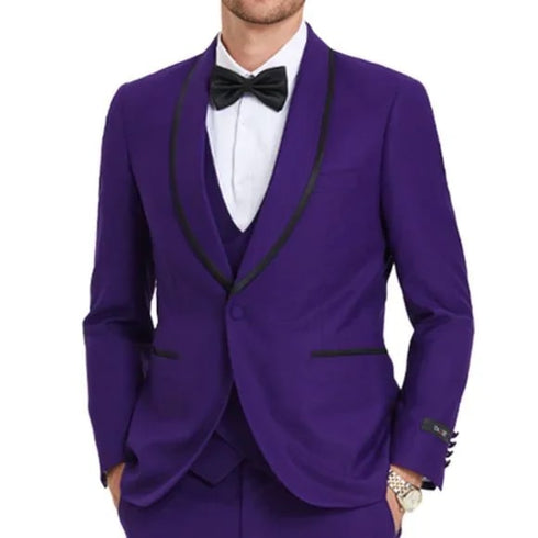 New Tazio Birdseye Textured Black Purple Tuxedo | Shawl Collar Satin Trim 3-Piece