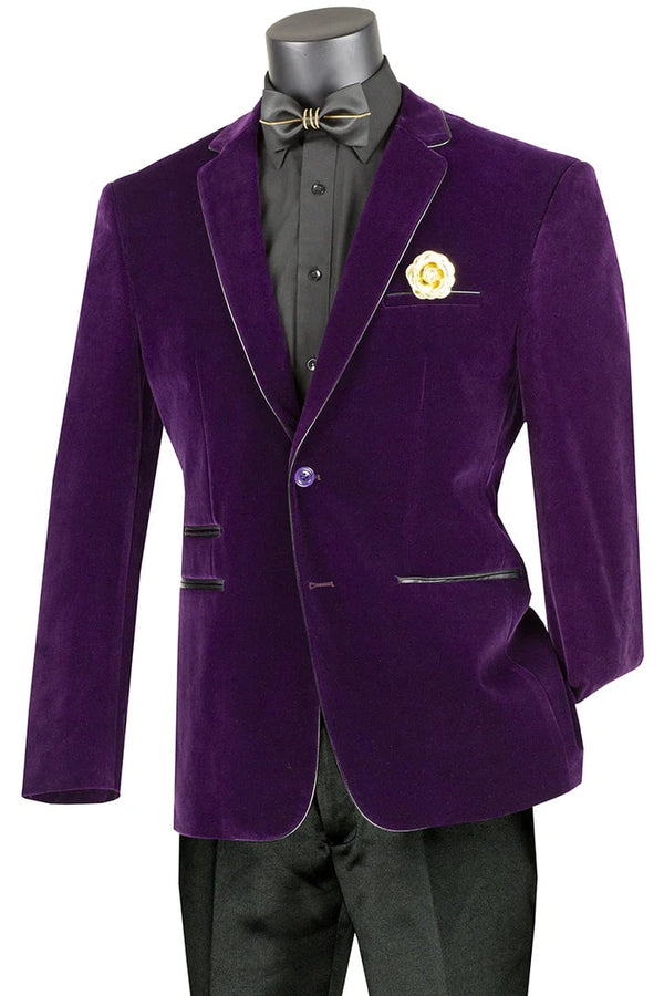 Mens Two Button Velvet Blazer in Purple with Black Leather Piping Trim