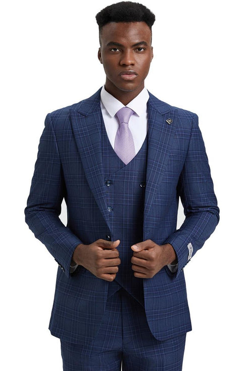 Men's Stacy Adams One Button Peak Lapel Double Breasted Vest Suit in Blue & Purple Plaid
