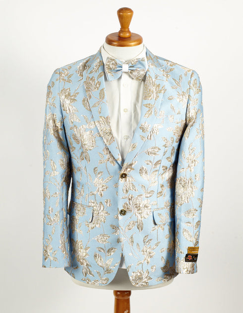 Mens 2 Button Sky Blue & Silver Foil Paisley Prom & Wedding Blazer