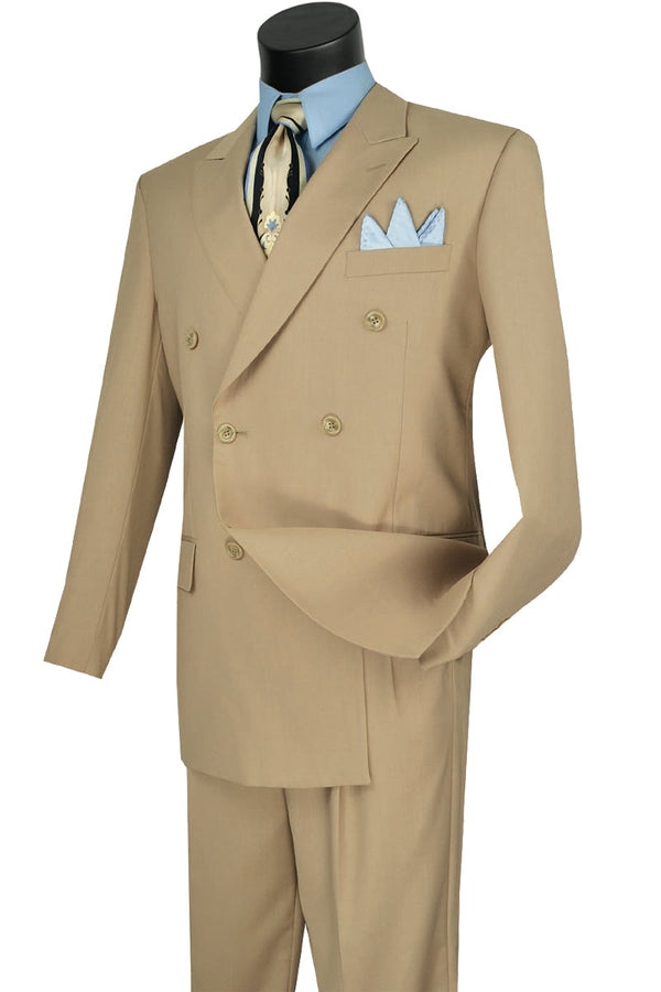 Mens Classic Wool Feel Double Breasted Suit in Beige