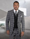 Mens 2 Button Wide Peak Lapel Suit with Double Breasted Shawl Lapel Vest in Black Windowpane