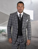 Mens 2 Button Wide Peak Lapel Suit with Double Breasted Shawl Lapel Vest in Black Windowpane