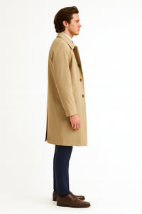 Mens Beige Trench Coat – Classic Long Overcoat with Button Front - Raincoat in Khaki Color