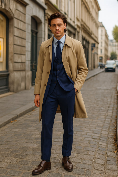 Mens Beige Trench Coat – Classic Long Overcoat with Button Front - Raincoat in Khaki Color