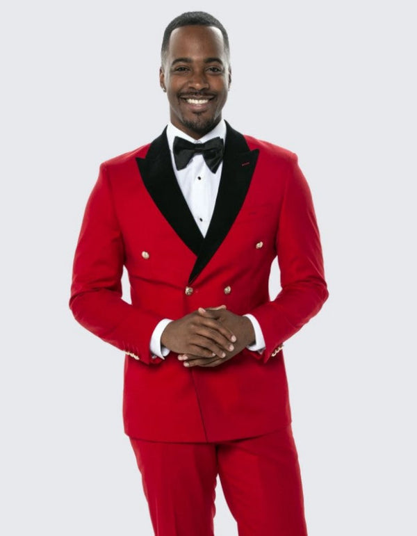 Red Double Breasted Tuxedo with Velvet Peak Lapel - Wedding - Prom