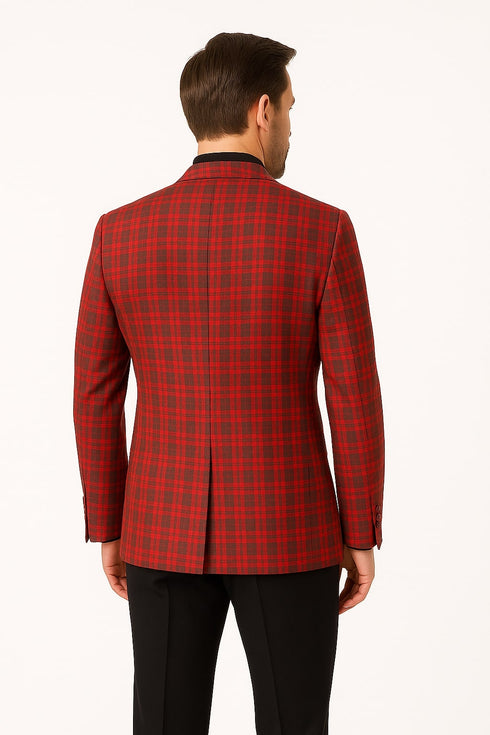 Mens Red Plaid Modern Fit Windowpane Check Blazer - Christmas Holiday Sport Coat Tartan Look