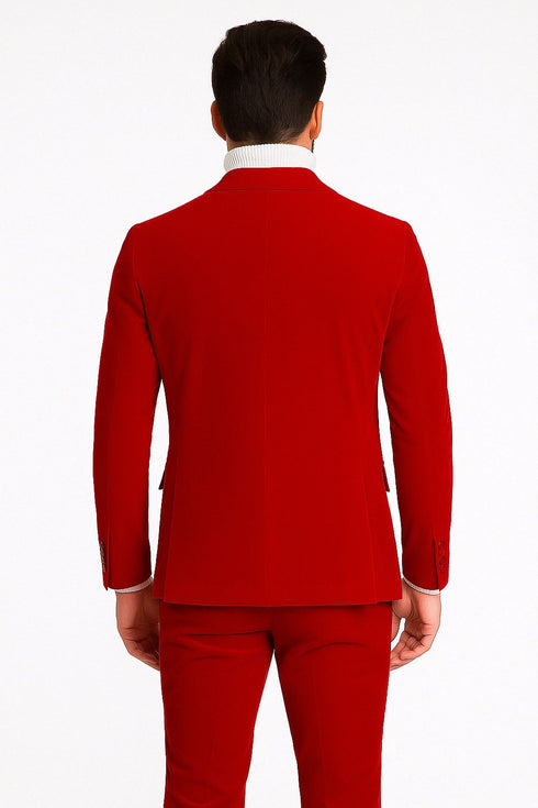 Mens Slim Fit Red Velvet Double Breasted Suit with Peak Lapel – Formal Tuxedo Style
