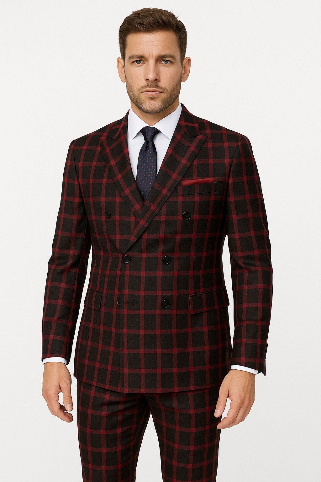 Mens Red and Black Plaid Double-Breasted Suit  Slim Fit Checkered 2 P   OvercoatUSA
