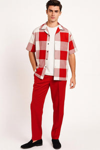 Mens Red and White Checkered Short Sleeve Shirt Set – Casual Two-Piece Summer Outfit