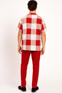 Mens Red and White Checkered Short Sleeve Shirt Set – Casual Two-Piece Summer Outfit