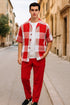 Mens Red and White Checkered Short Sleeve Shirt Set – Casual Two-Piece Summer Outfit