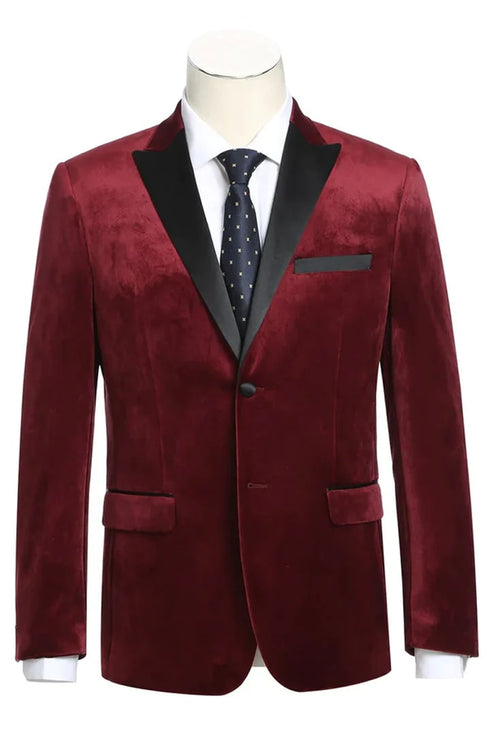 Mens Two Button Peak Lapel Velvet Red Prom Tuxedo Blazer