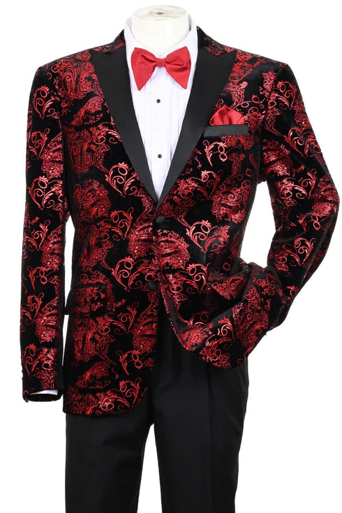 Mens modern fit velvet floral paisley foil red and black tuxedo jacket