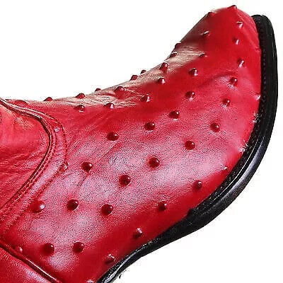 J Toe Cowboy Boots - J Toe Western Boots - Los Altos Red Ostrich Quill Print J-Toe